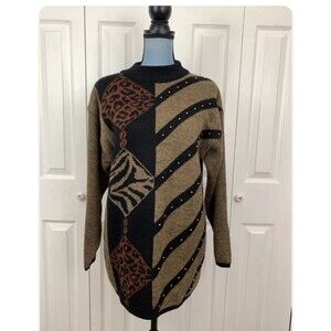Angenie Vintage  Wool Sweater Pullover Medium 8 Animal print boho studs brown